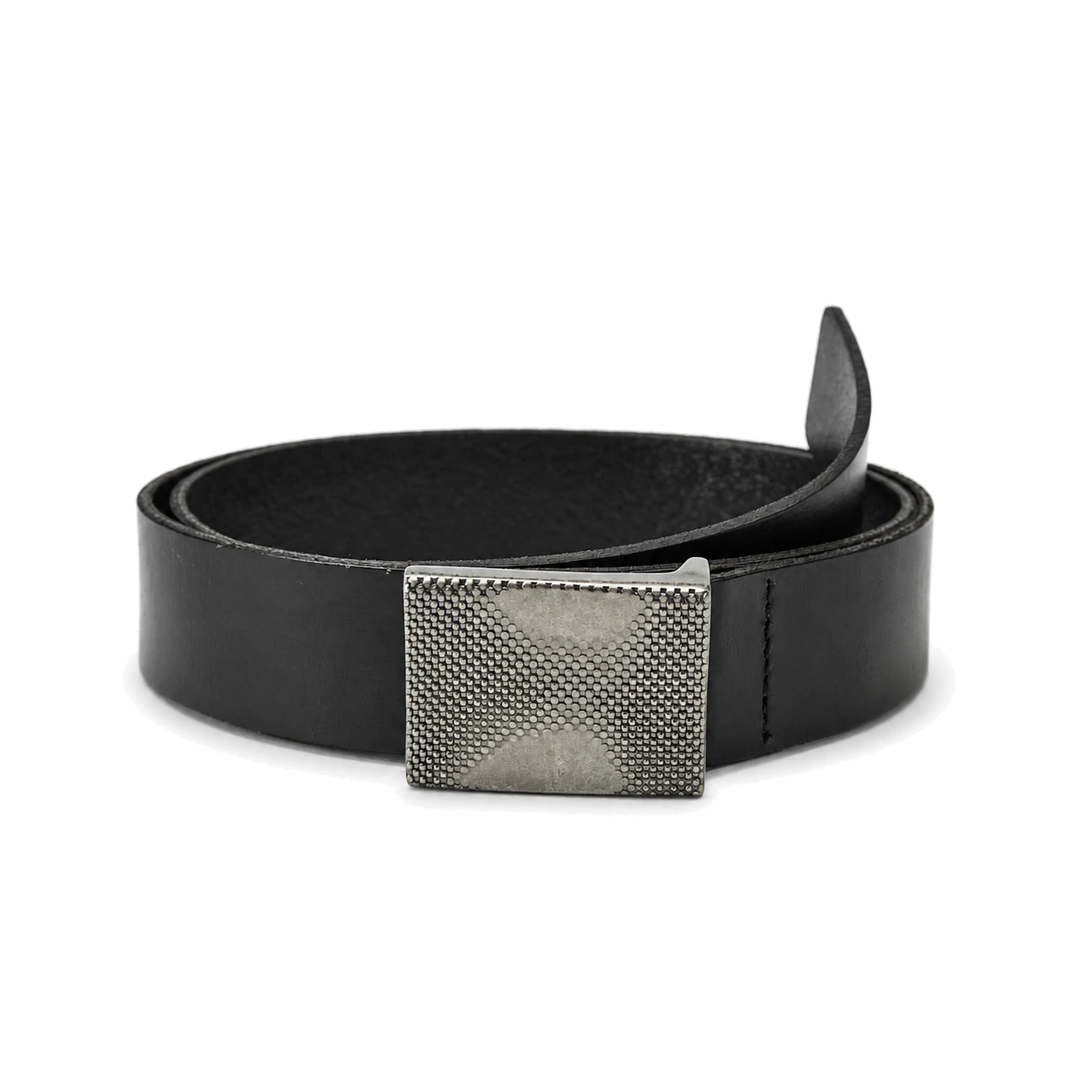 black fashion belt with a brushed metal plaque buckle