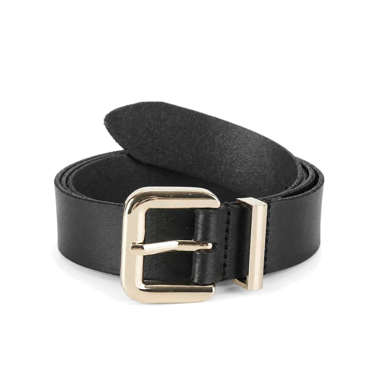 black fashion belt with a polished gold-accented buckle
