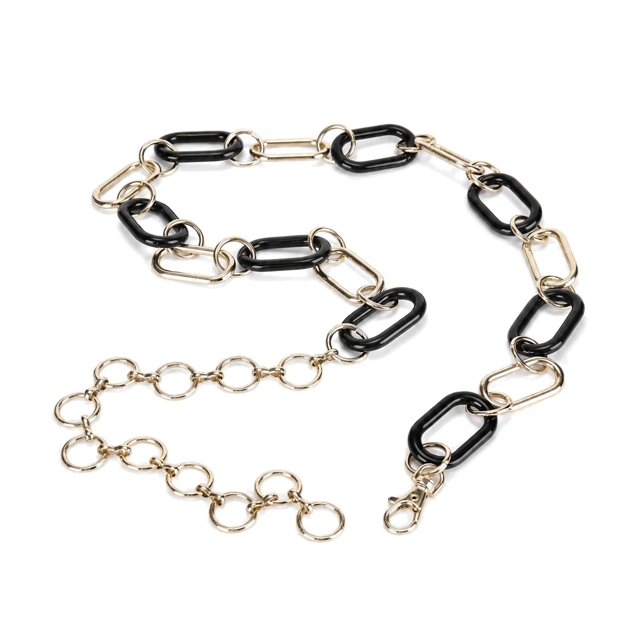 Black and silver mixed-material chain waist belt with multiple contact points