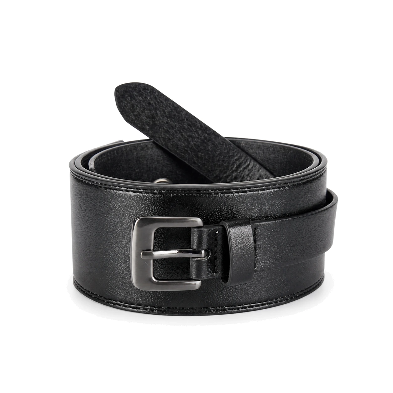 Black broad belt panel with edge stitching and a narrower front fastening strap