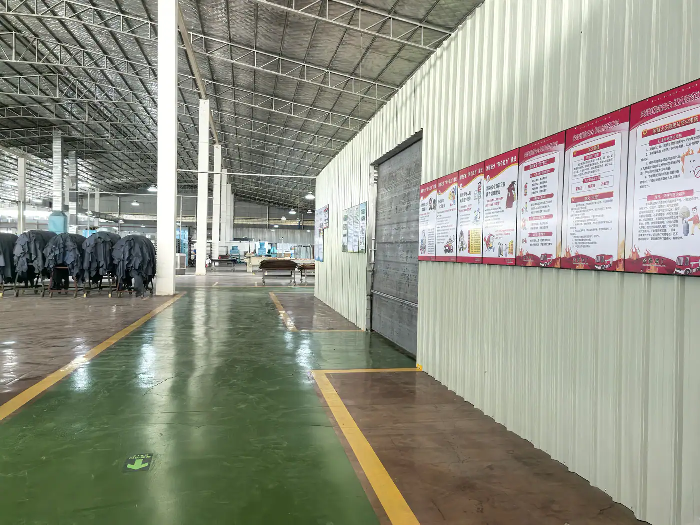 Marked safety walkway and management boards in a leather facility