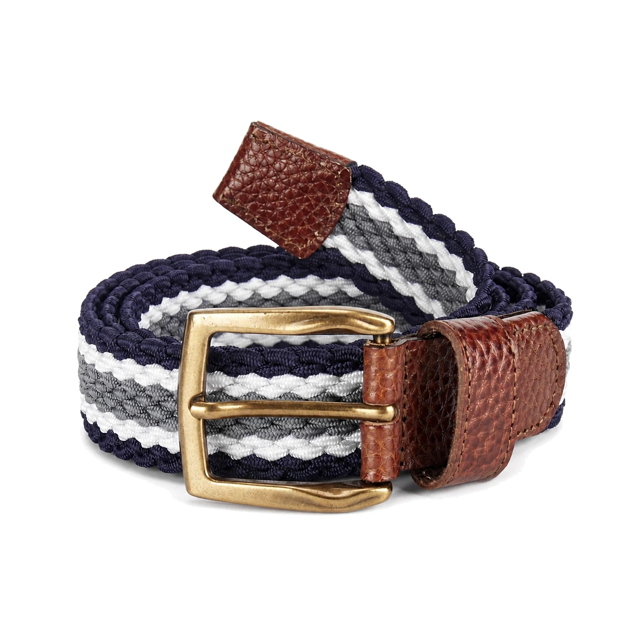 Navy, white and gray braided belt with brown end tabs and a prong buckle