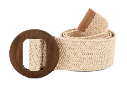 Cream woven belt with a large dark wood-look round buckle
