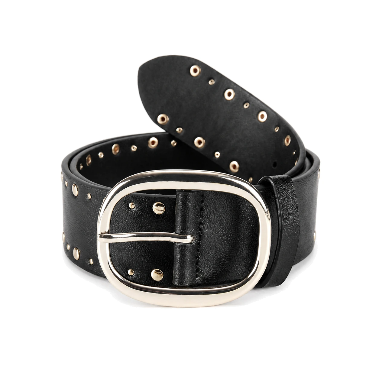 Wide black belt with double pin buckle and repeated silver-tone studs