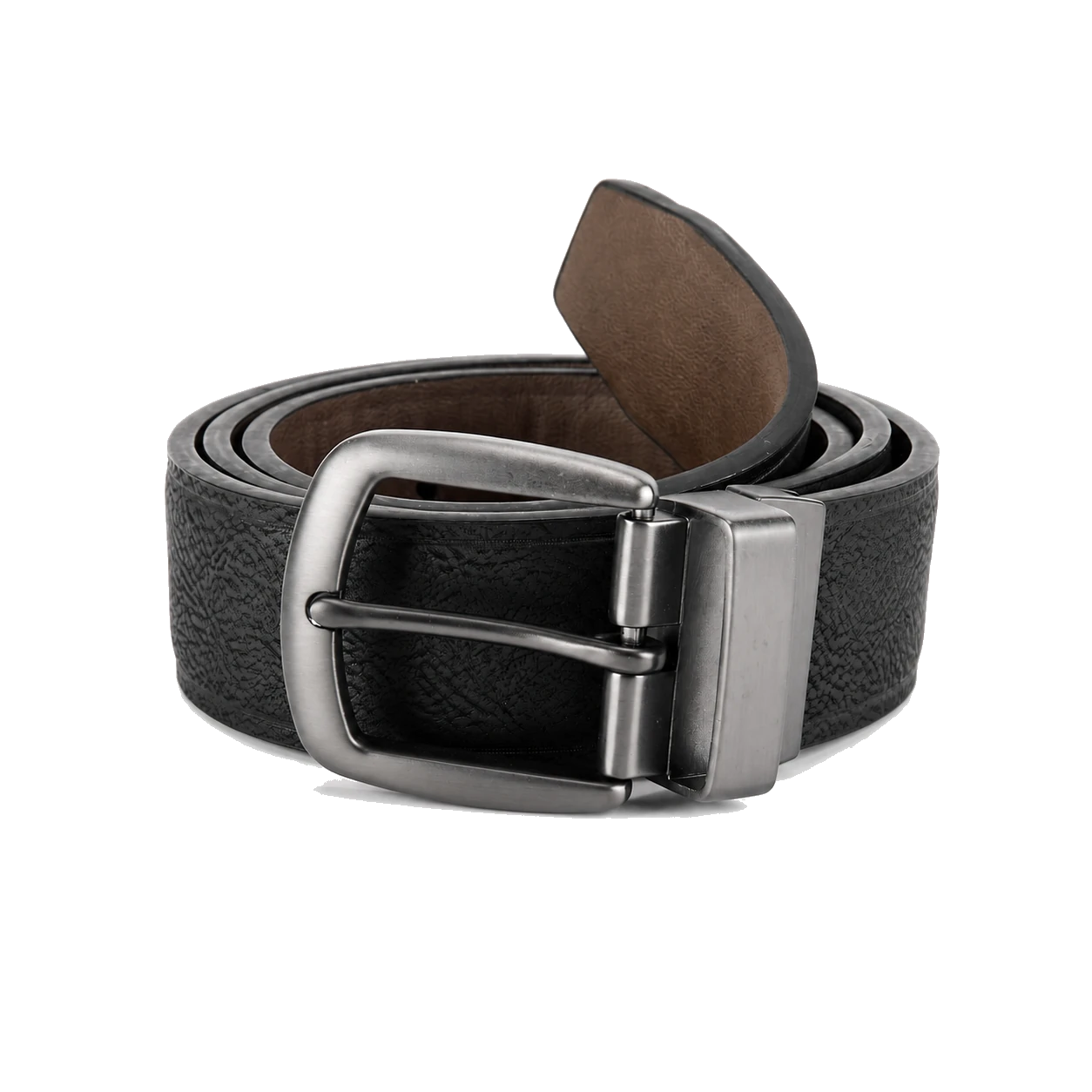 Neutral black reversible belt with a rounded metal buckle on a white background