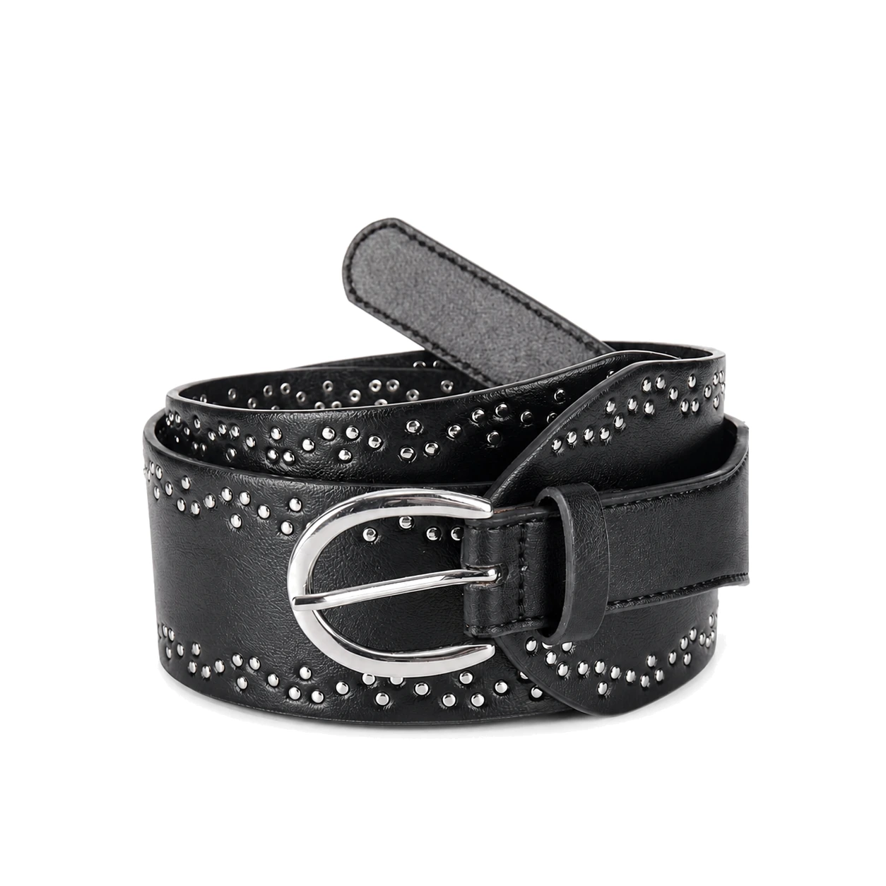 Wide black statement belt with repeated metal studs and oval buckle