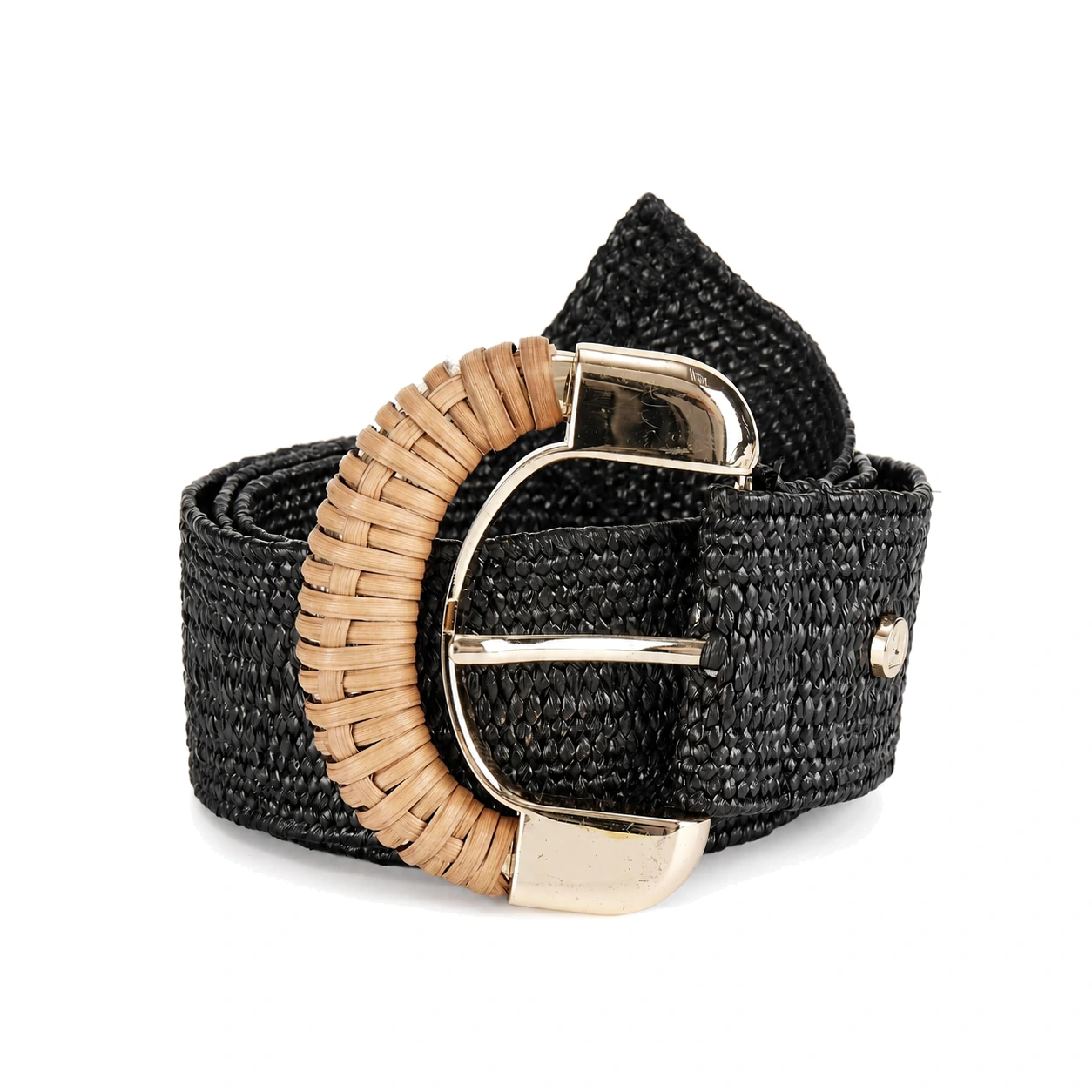 Black woven belt with a contrasting natural-tone wrapped round buckle