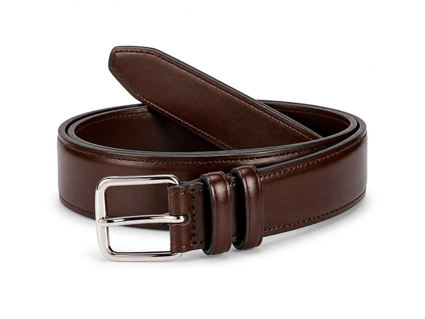 Tan wide belt with stitched edges, a small white mark and a brass-tone buckle
