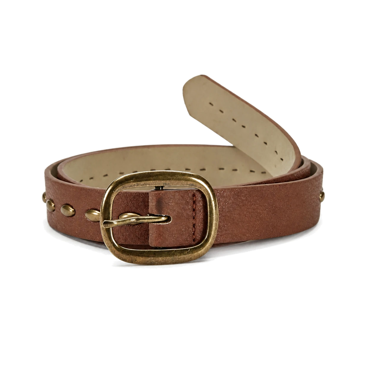 Brown smooth belt with a light reverse, brass-tone buckle and small studs