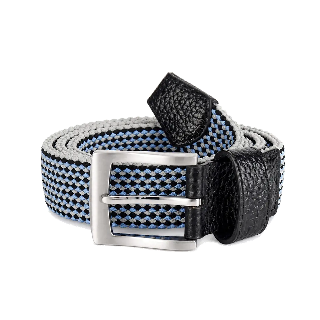 Blue, black and white braided belt with black tabs and a silver-tone buckle