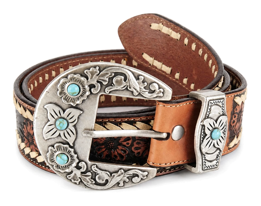 Western belt with a large silver-tone buckle and turquoise-color decorative accents