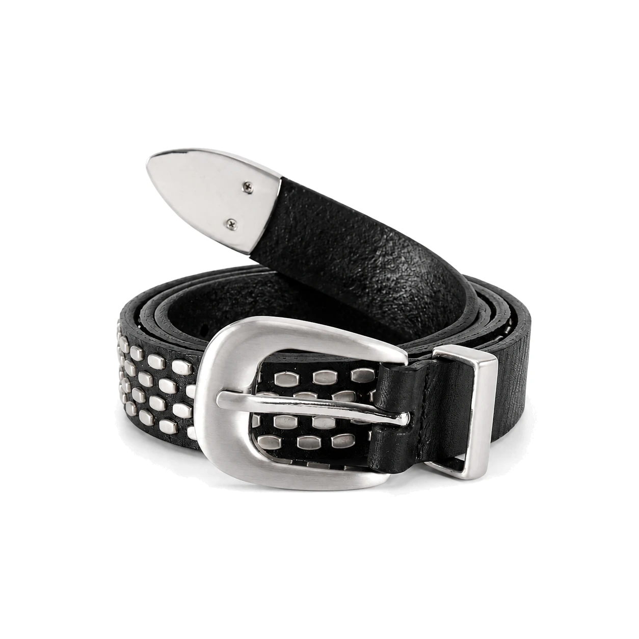 Black belt with rows of rectangular silver-tone studs and silver-tone buckle