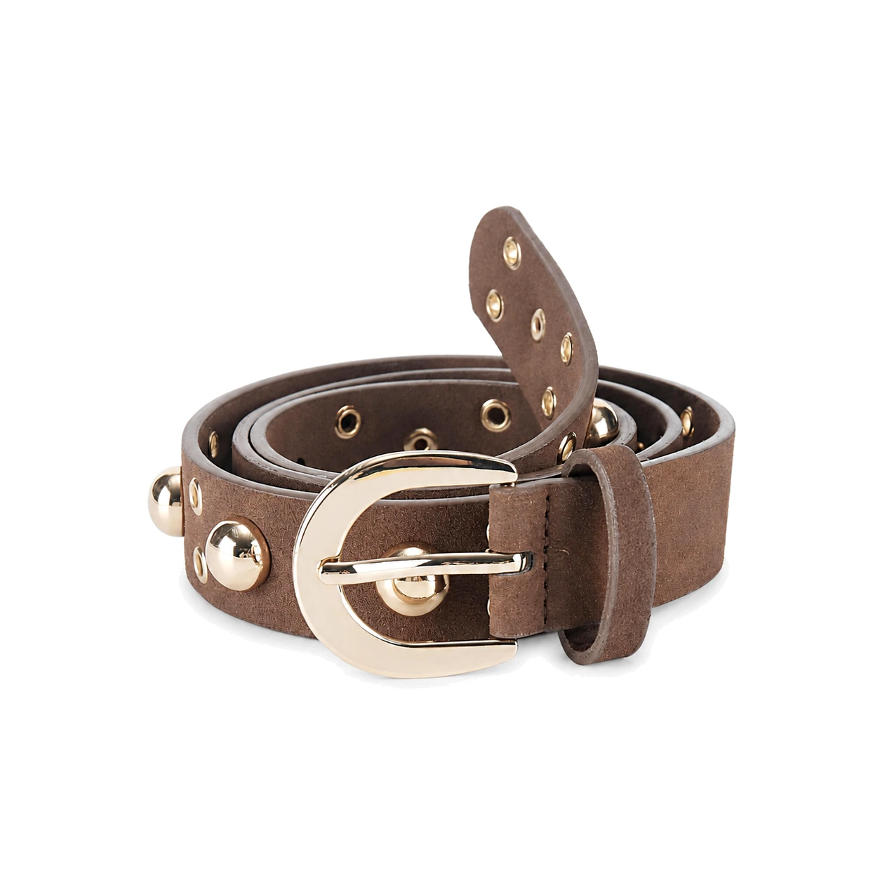 Brown belt with gold-tone grommets, domed studs and rounded buckle
