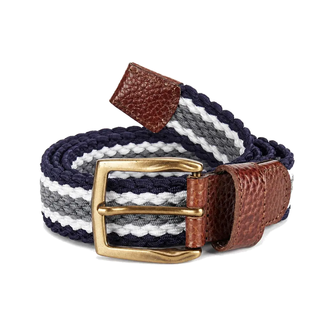 Navy and white striped braided elastic belt with leather trim