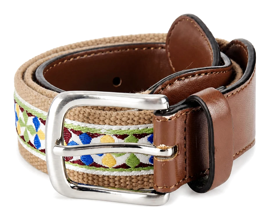 Rolled beige woven belt with decorative trim, brown tabs and a silver frame buckle