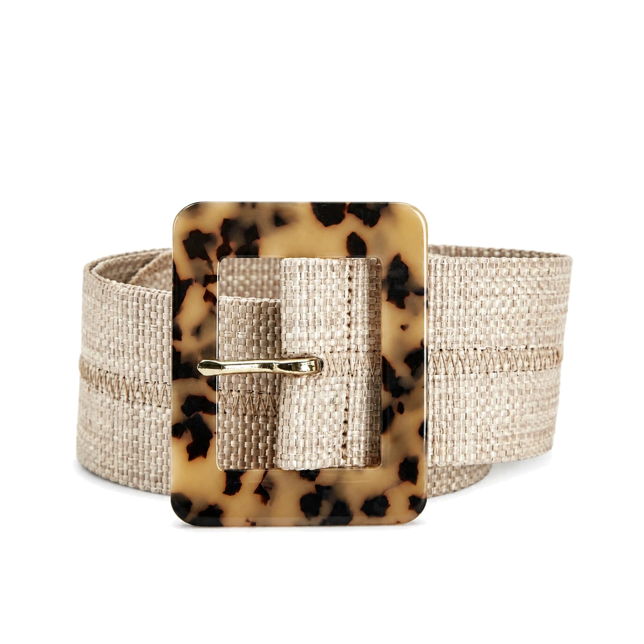 Beige wide woven belt with tortoiseshell-look rectangular buckle