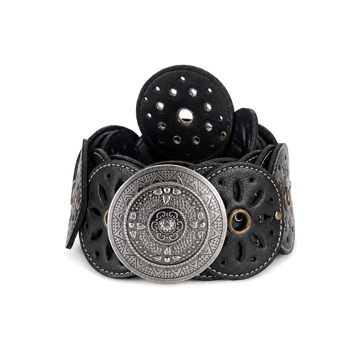 Black wide western belt with silver-tone conchos and engraved buckle