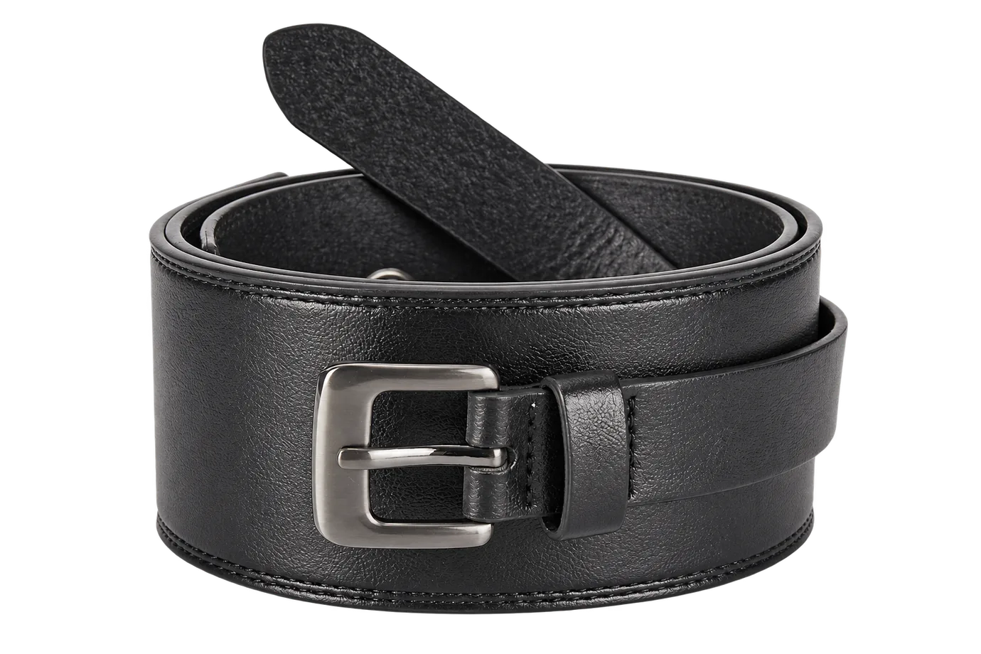 Wide black work belt with stitched construction and a substantial frame buckle on white