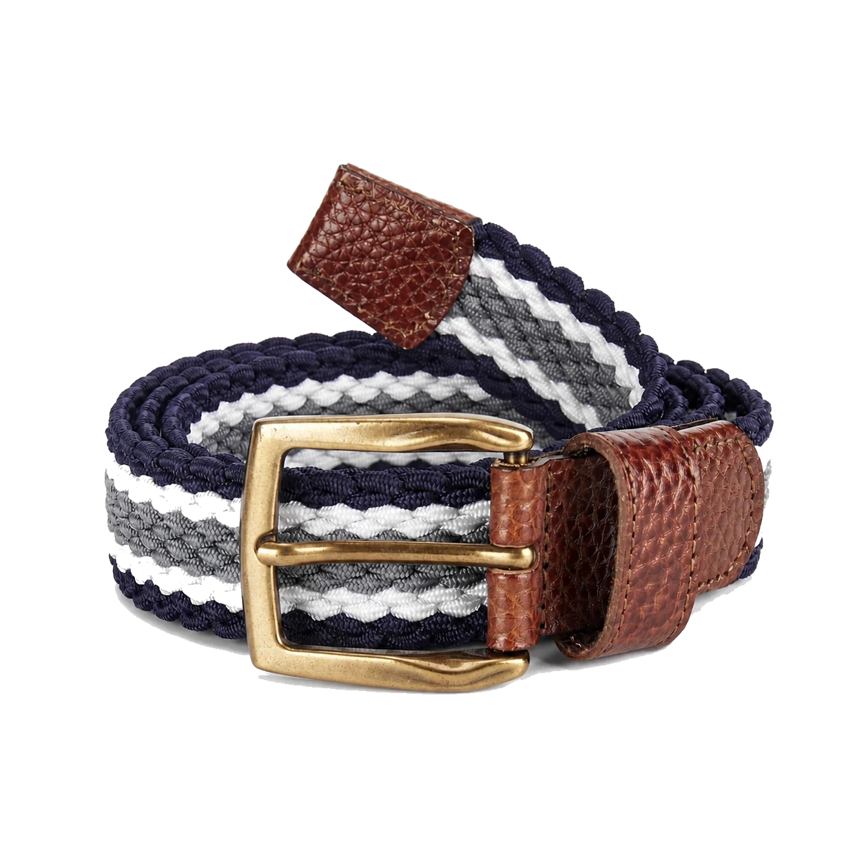 Navy and white braided elastic belt with a prong buckle and no fixed punched holes
