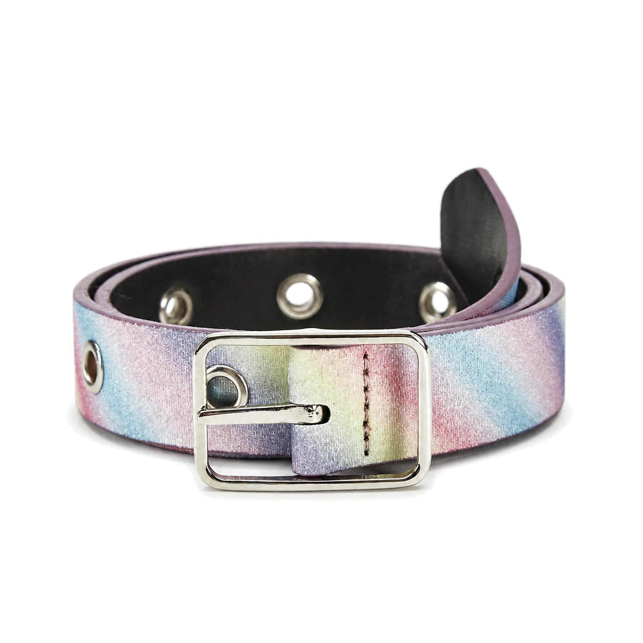 Iridescent fashion belt with studs and a silver-tone buckle on a white background