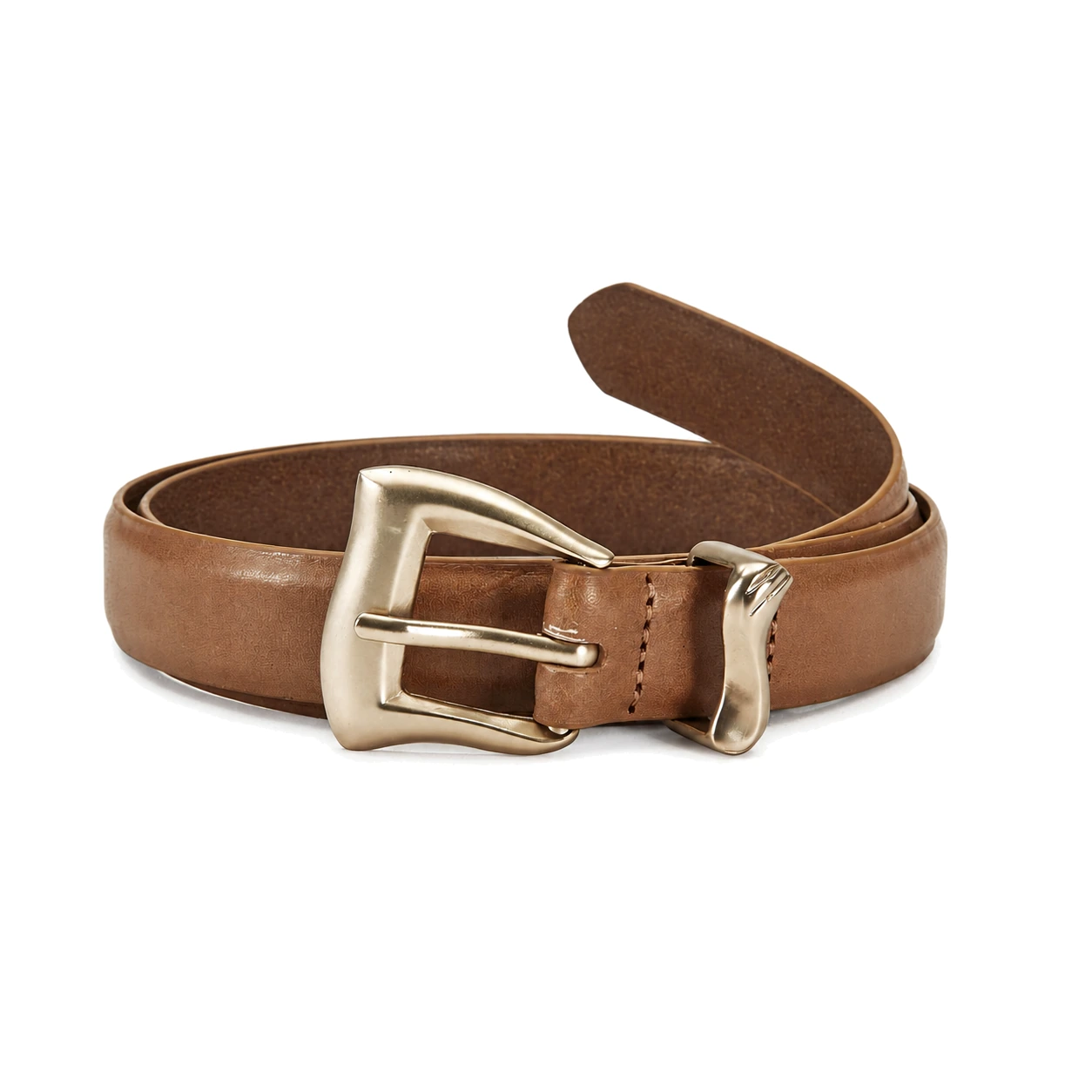 Tan belt with a smooth surface and angled square metal buckle