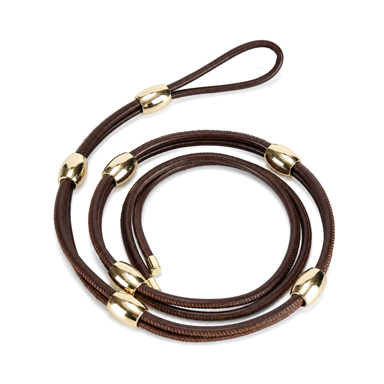 Brown cord wrap belt with gold-tone rings and end caps