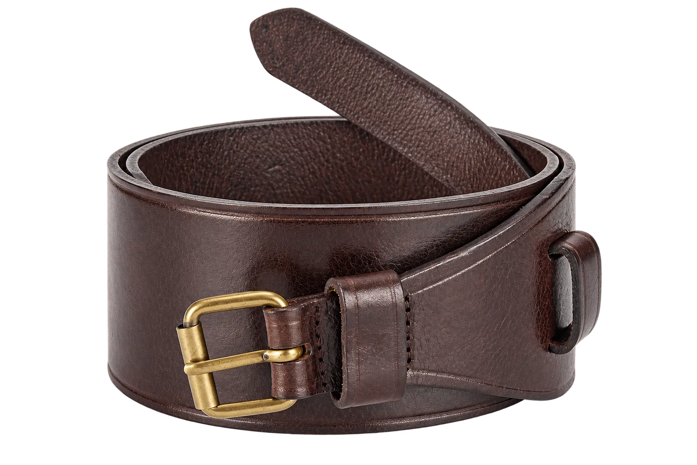 Dark leather work belt with substantial frame buckle and reinforced strap construction