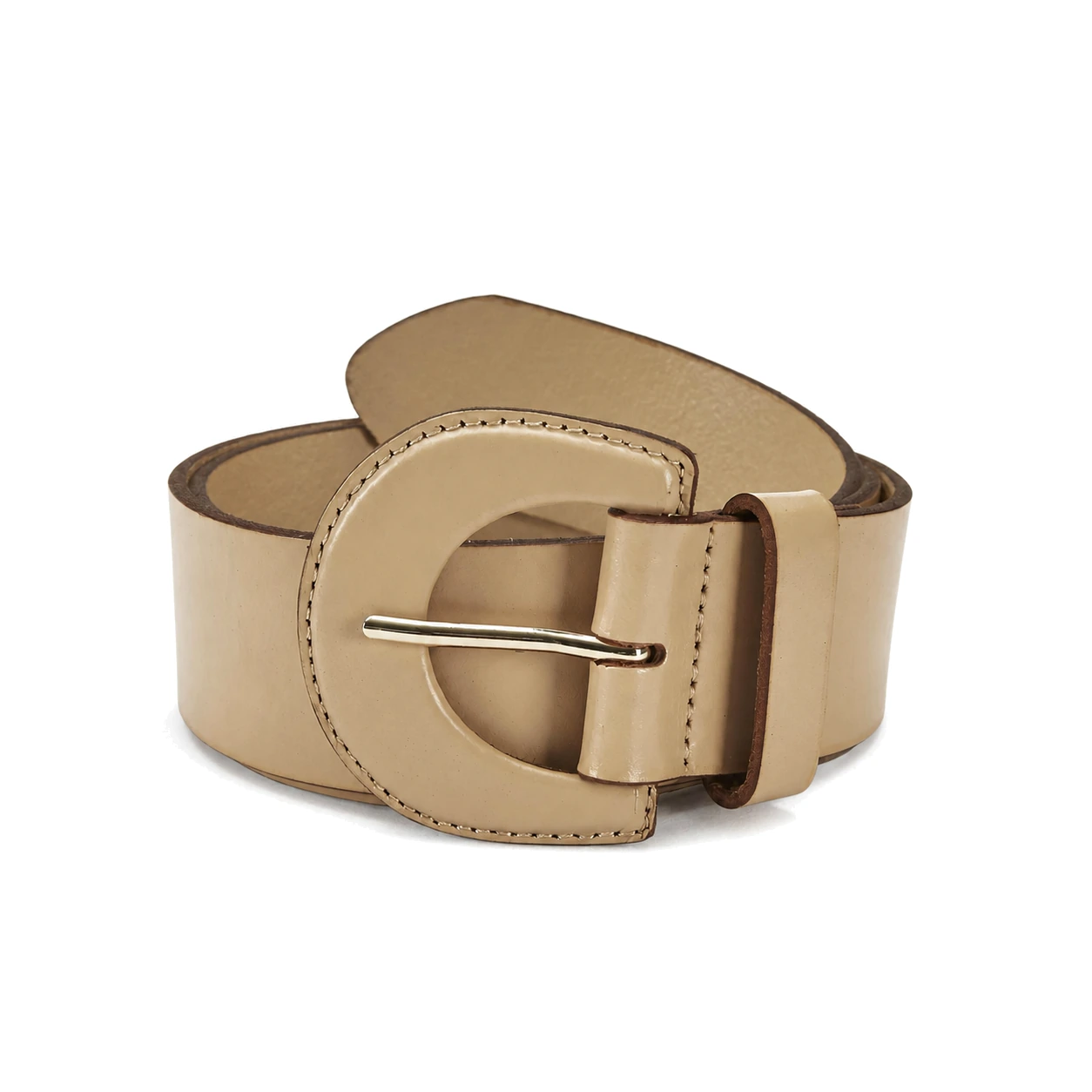 Beige wide belt with a large covered round buckle