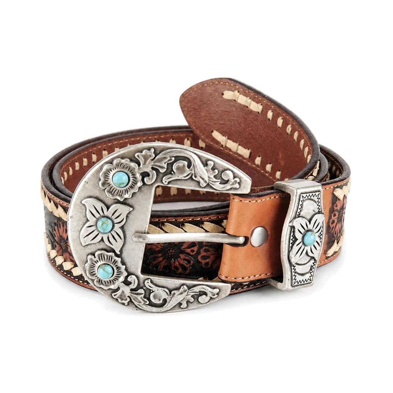Brown tooled western belt with contrast lacing, silver-tone floral buckle and turquoise-color accents