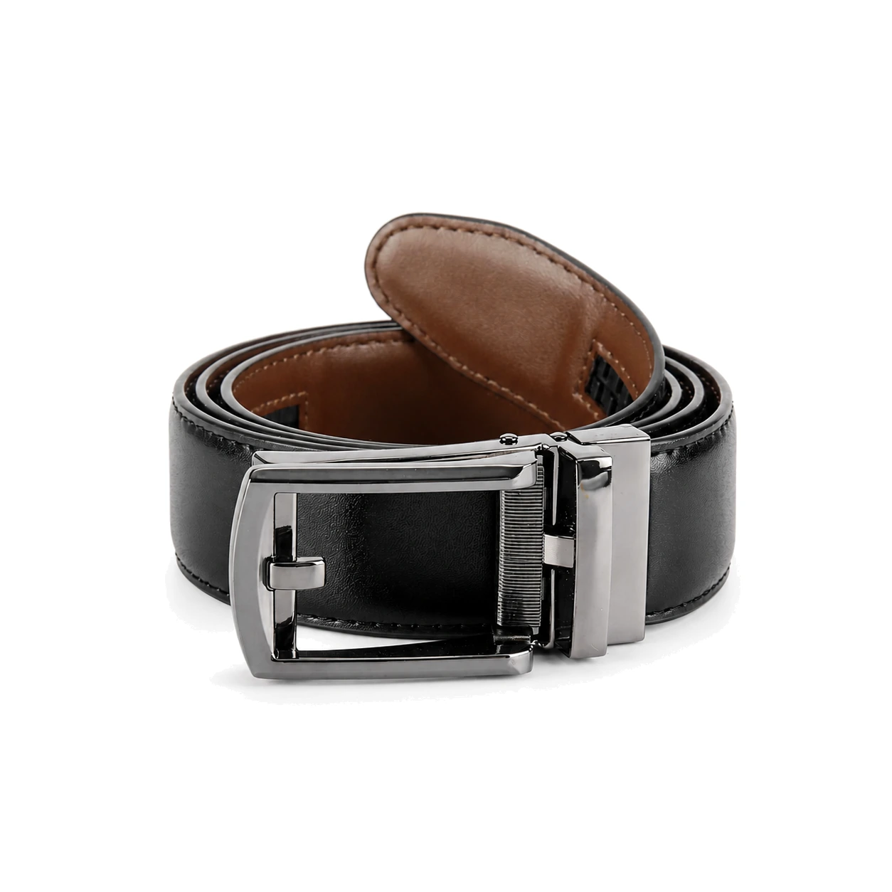Black and brown reversible belt with a polished geometric buckle