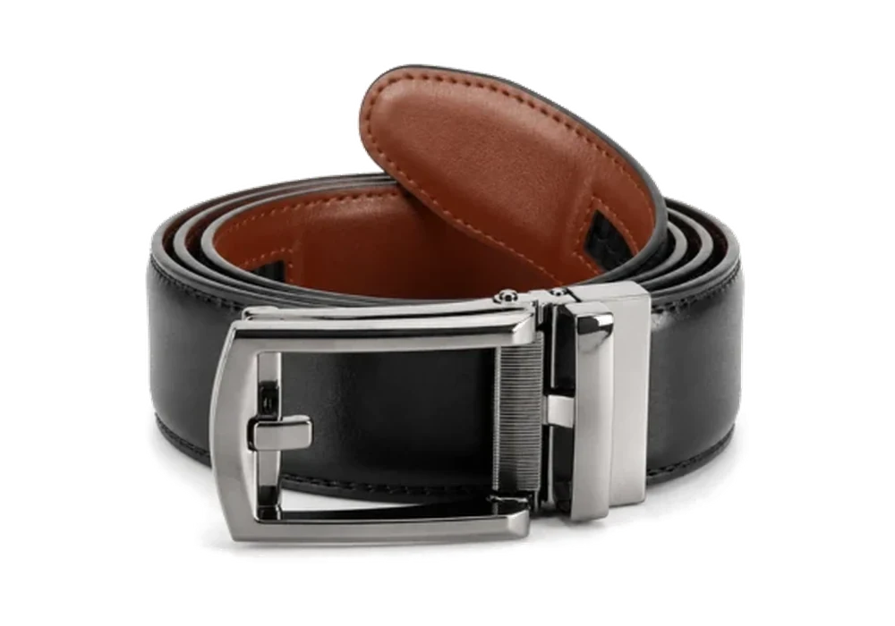 Black ratchet belt with a polished automatic buckle on a white background