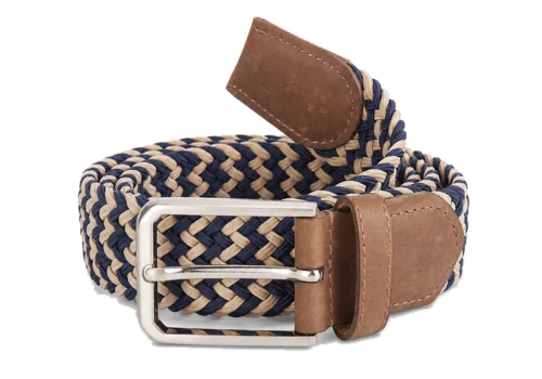 Navy and beige braided belt with brown tabs and a silver-tone buckle