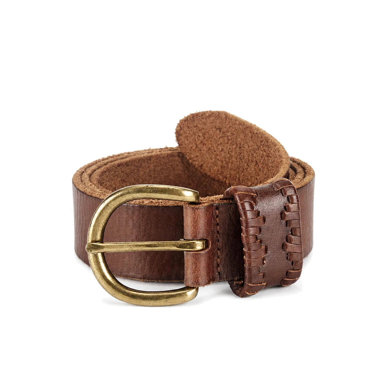 Brown stitched belt with rounded antique brass buckle