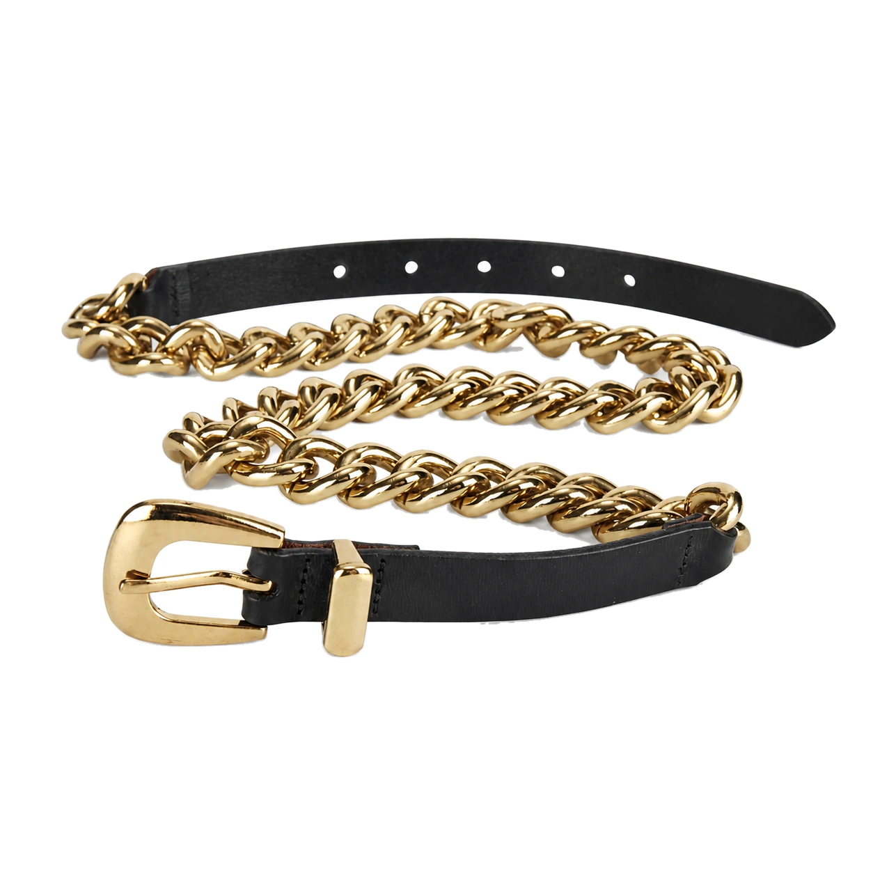 Women's black and gold chain belt with a prong-buckle strap section