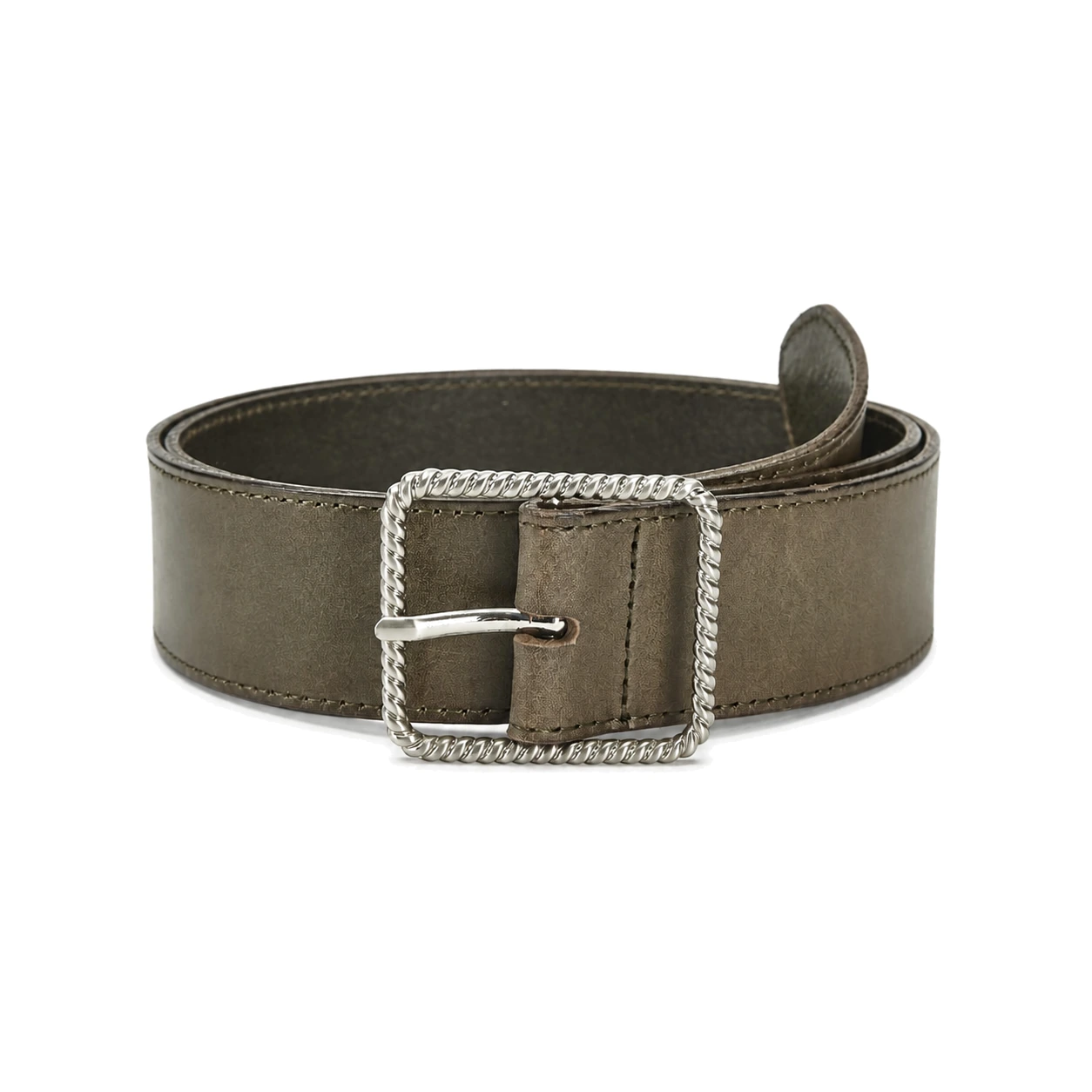 Wide olive fashion belt with a sculpted silver-tone buckle