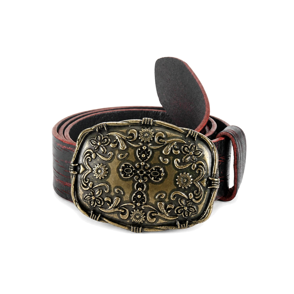 Black belt with red edge accents and a large antique-style decorative buckle