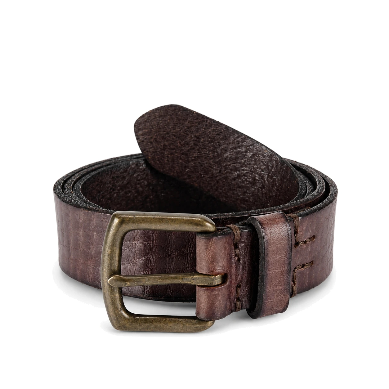 Dark brown belt with a distressed surface and square metal buckle