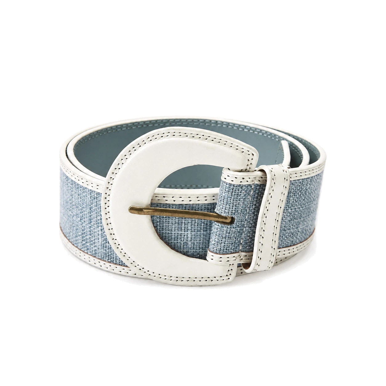 Blue and white wide fashion belt with a large round buckle