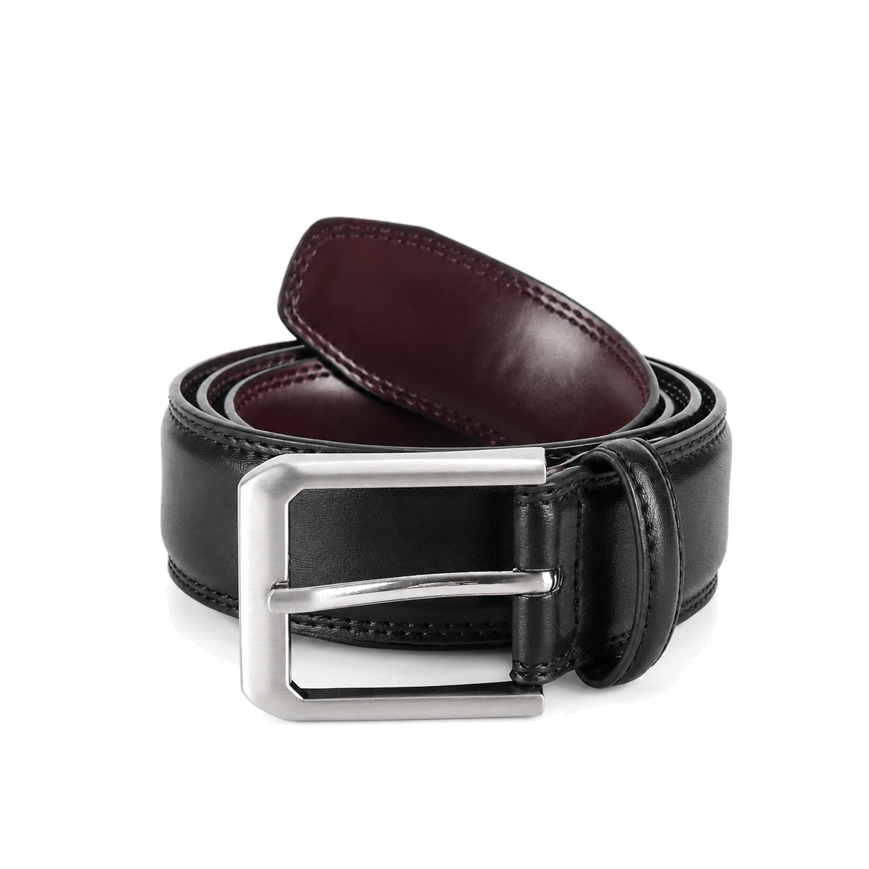 Black reversible belt with a rectangular silver-tone buckle on a white background