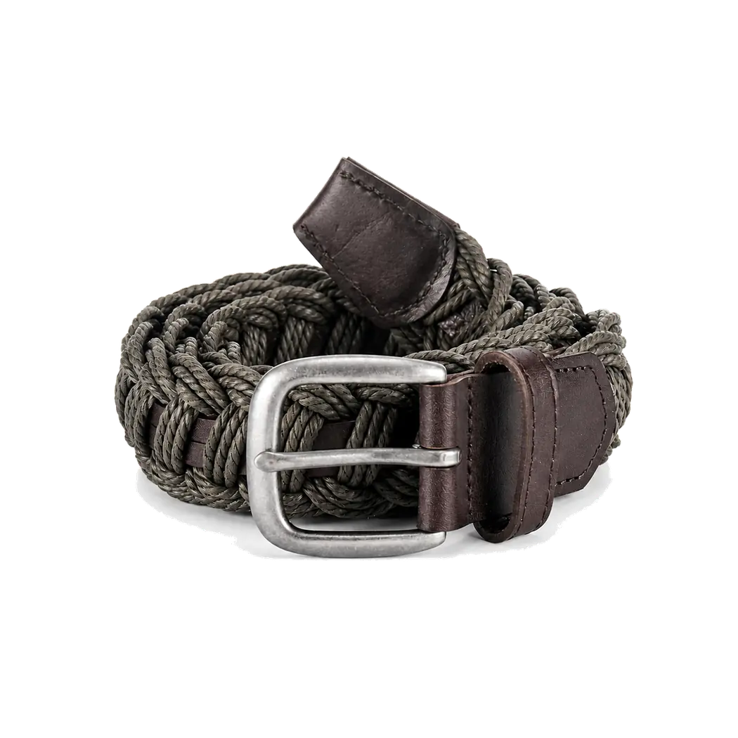 Gray-green braided belt with dark brown tabs and an antique silver-tone buckle