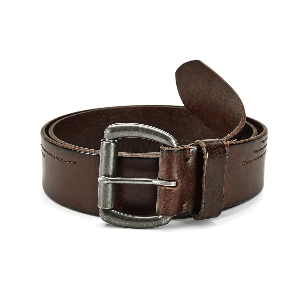 Dark brown wide belt with visible surface texture and a square metal buckle