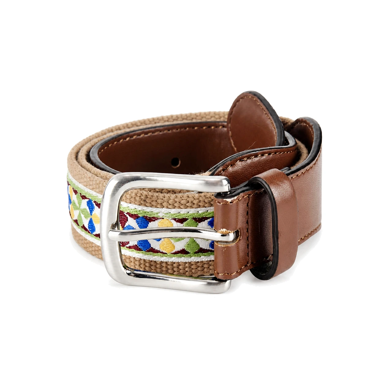 Brown belt combining woven textile trim, stitched tabs and a silver-tone buckle