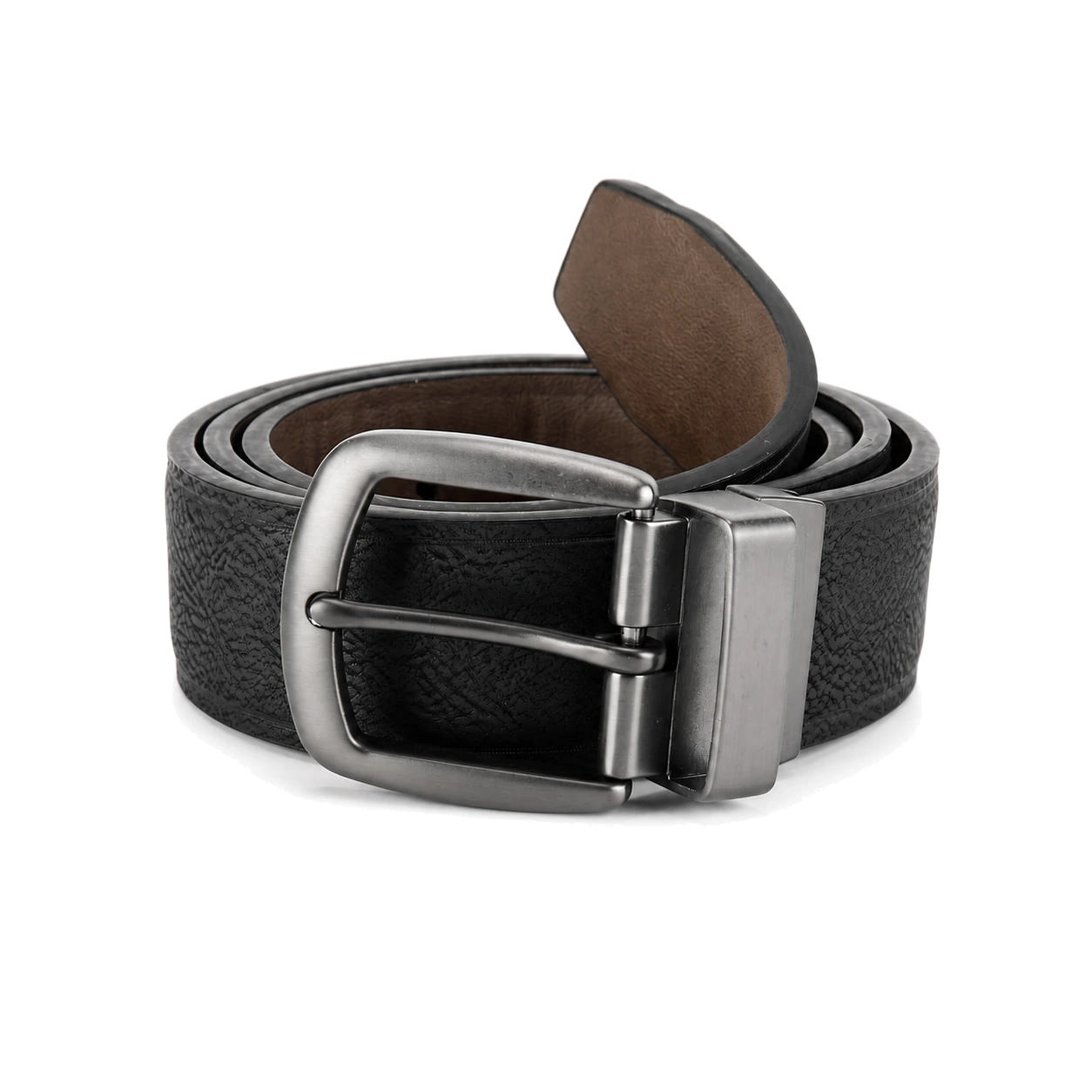 Rolled black reversible belt with a rounded silver-tone buckle on a white background
