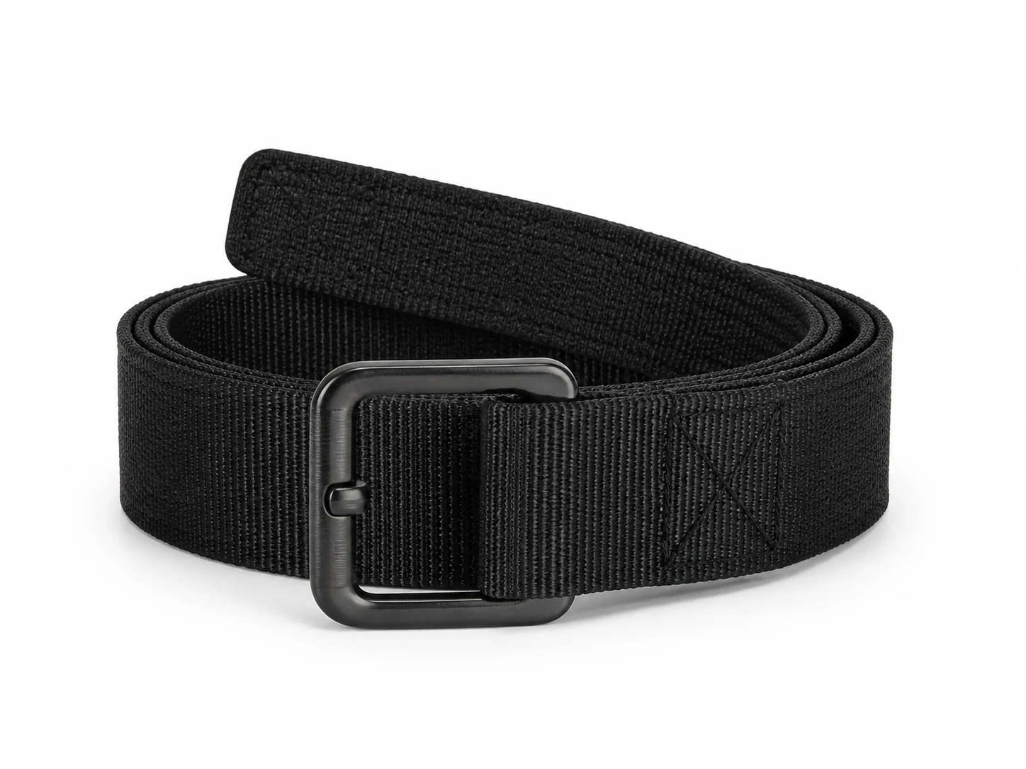 Black broad work belt with compact metal frame buckle