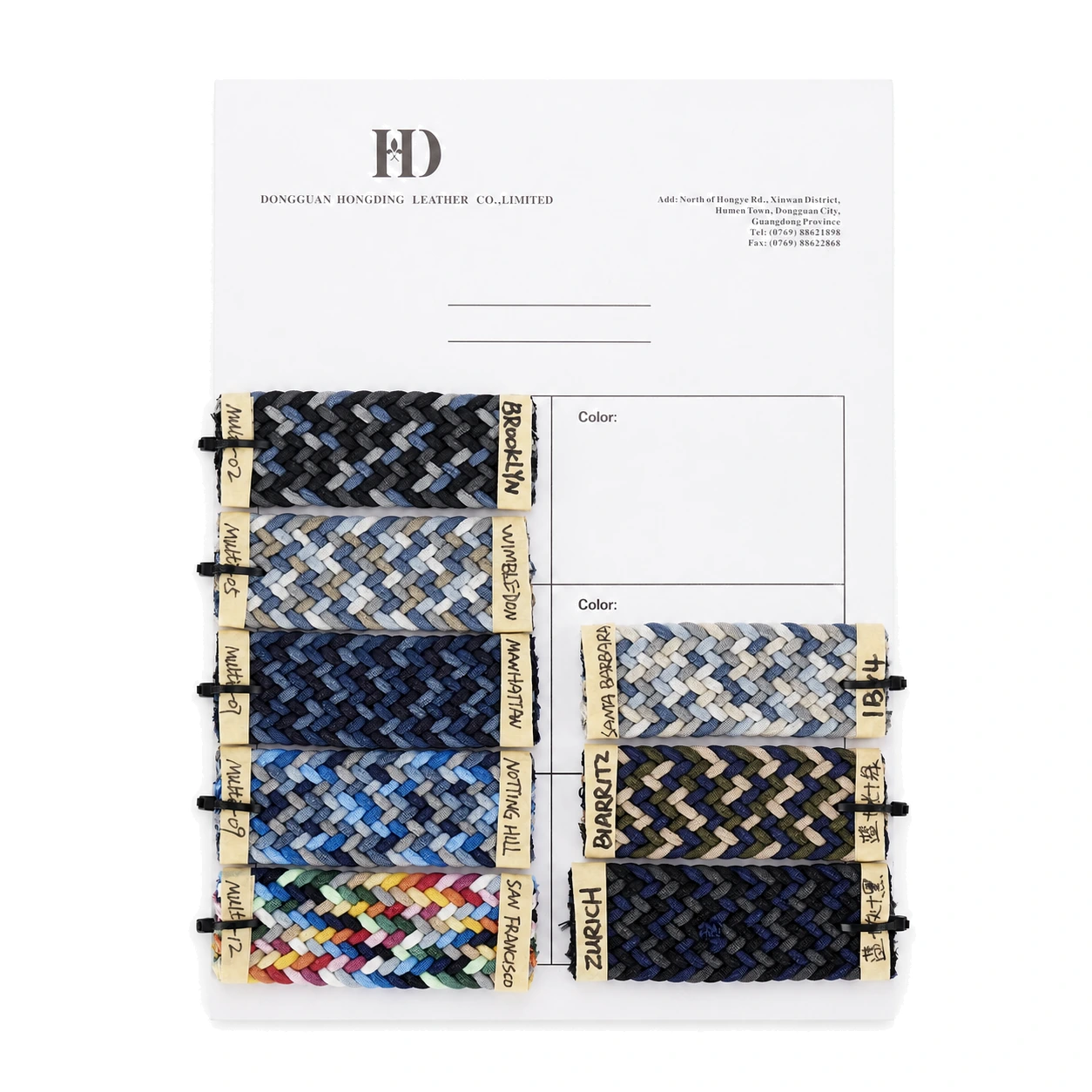Woven belt material sample book with multiple color and texture references
