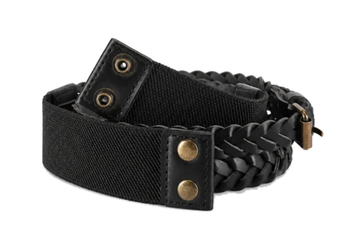 Black belt strap assembly with braided detail, snap fasteners and antique brass-tone hardware on white