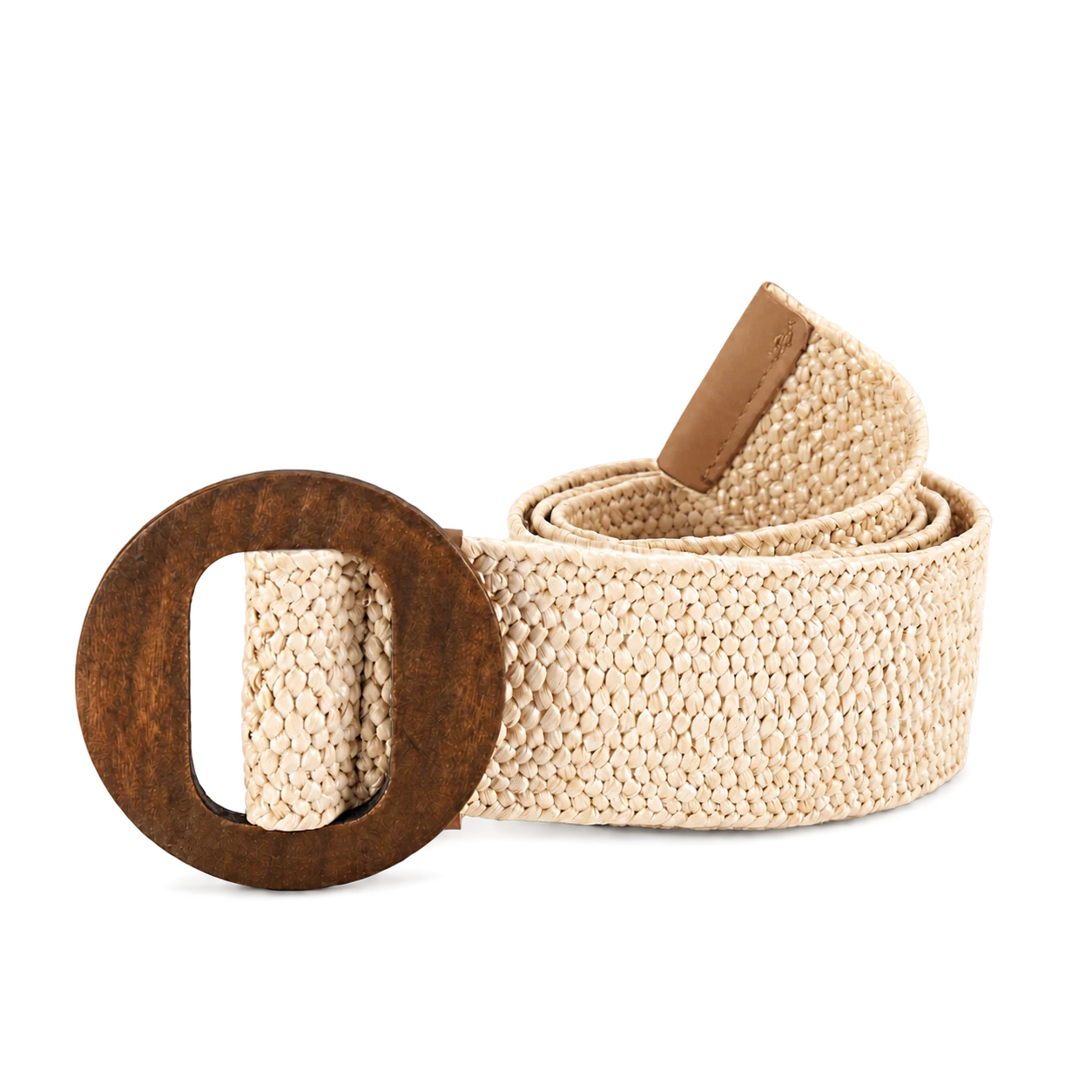 Beige woven belt with a wrapped round buckle and natural product shadow on white