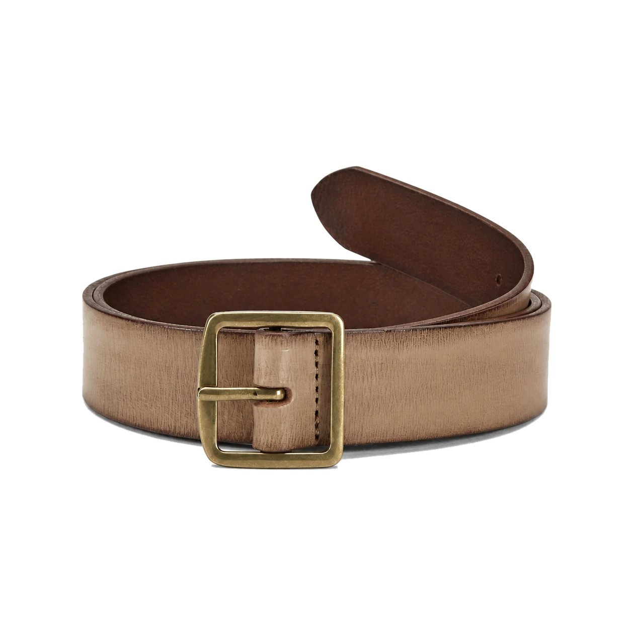 Slim brown fashion belt with a small square brass-tone pin buckle