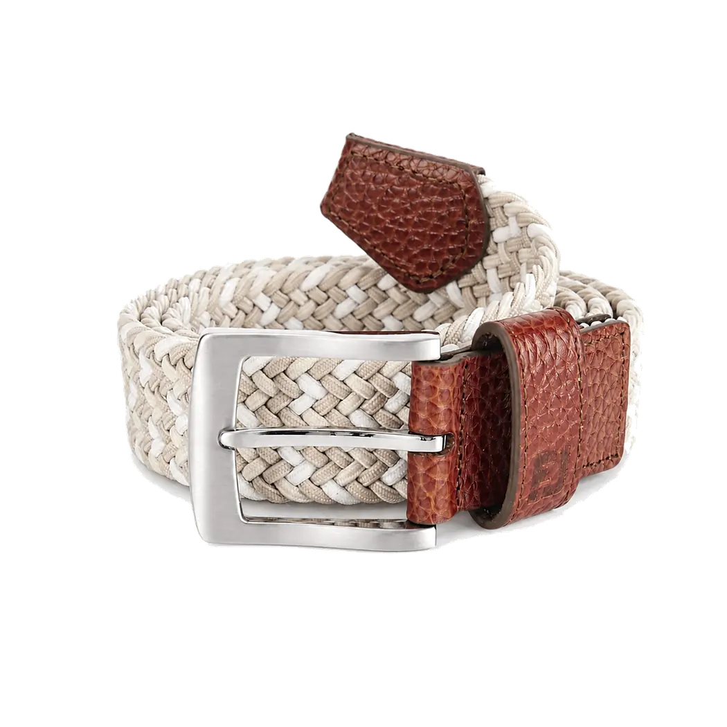 White and beige braided belt with brown tabs and a silver-tone buckle