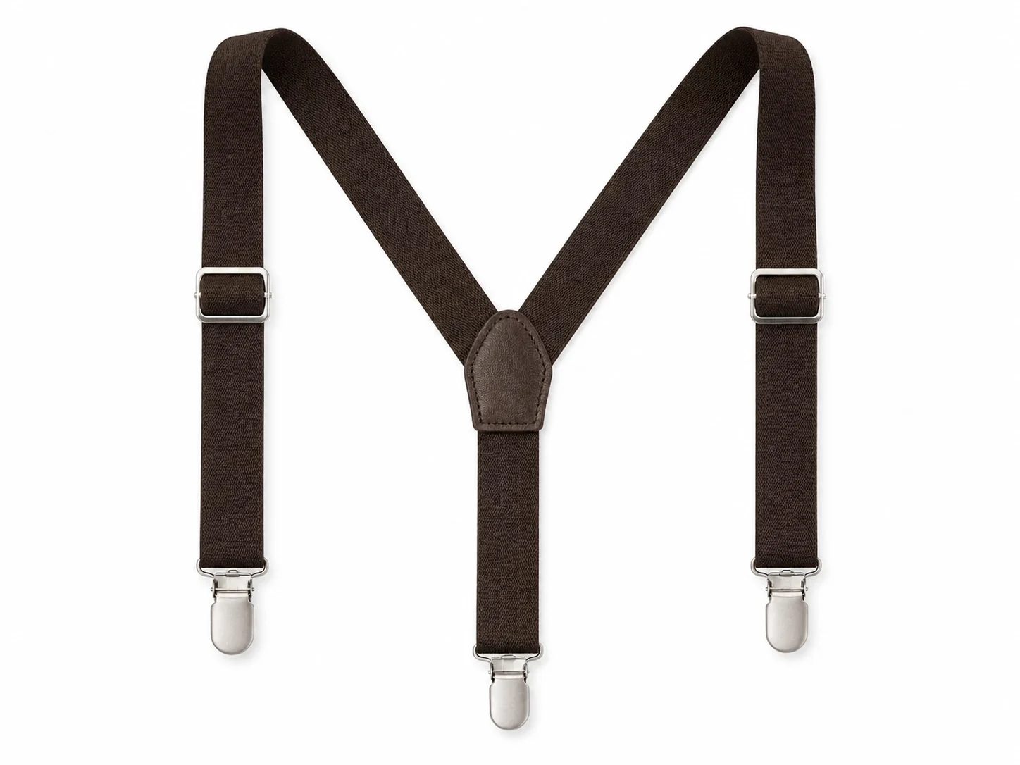 Dark brown Y-back suspenders with three metal clips on a white background